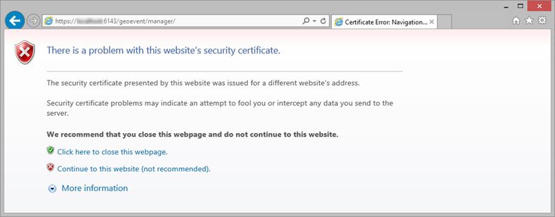 Certificate error message in Internet Explorer Certificate error message in Internet Explorer